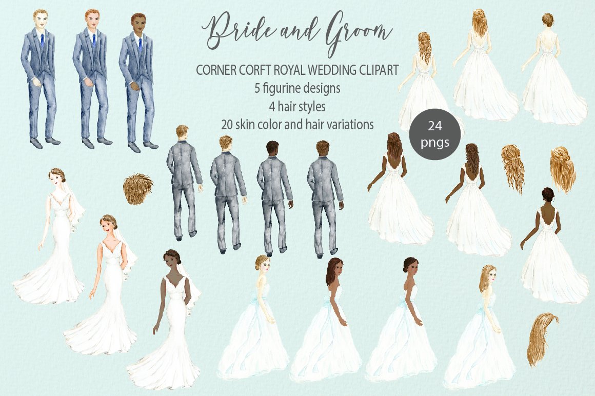 Bride clipart watercolor. And groom figurine wedding