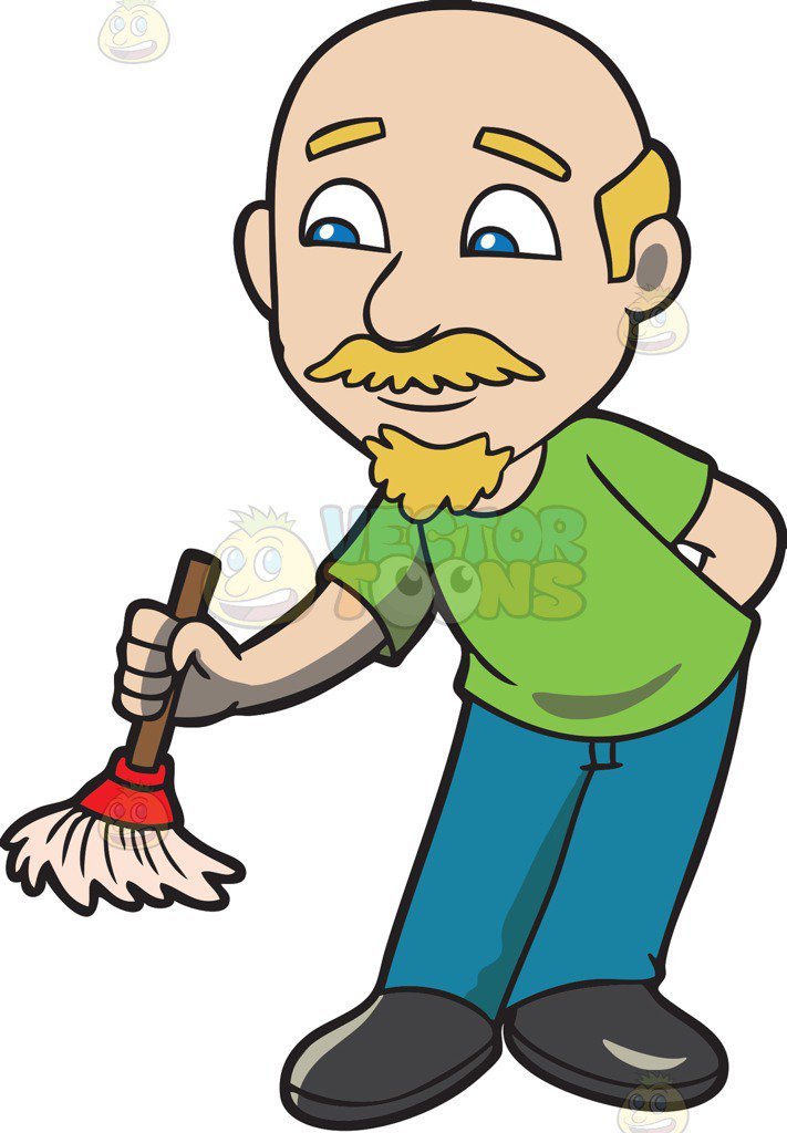 A bald man with. Broom clipart dusting