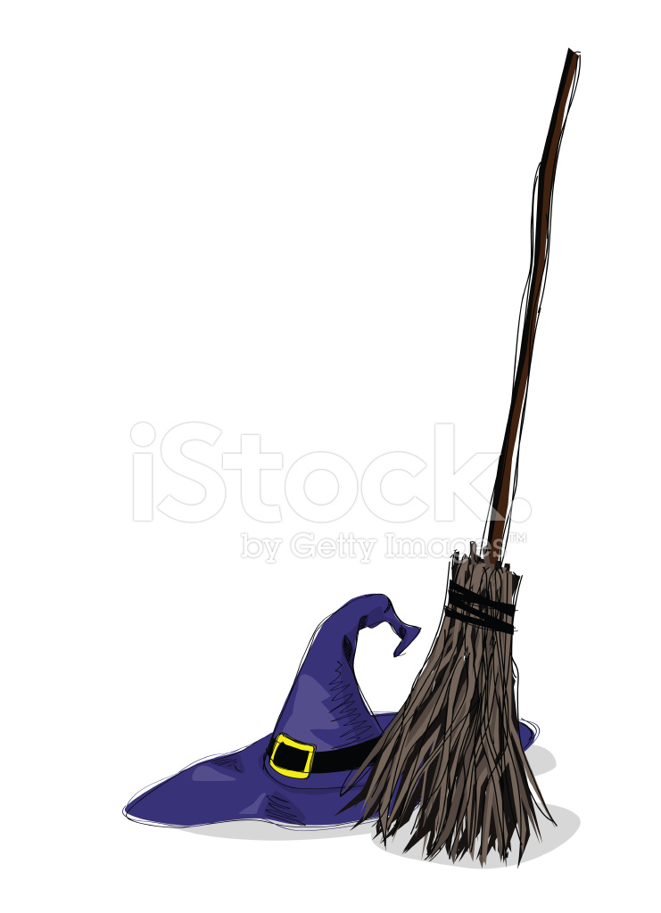 Hat and broomstick stock. Witch clipart broom stick
