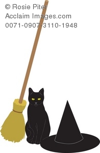 Broom clipart witch hat. A black cat with