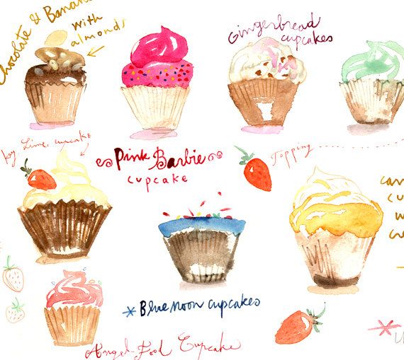 Brownies clipart watercolor. Cupcakes and strawberries original