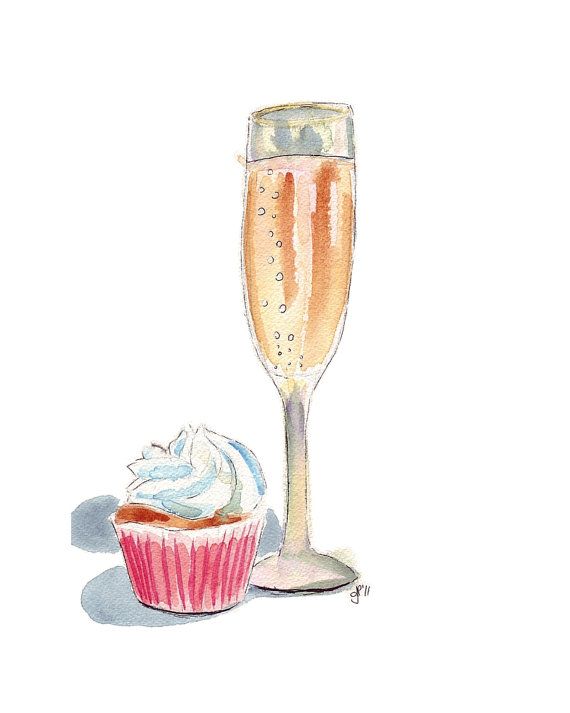 Watercolor painting and cupcake. Brunch clipart champagne