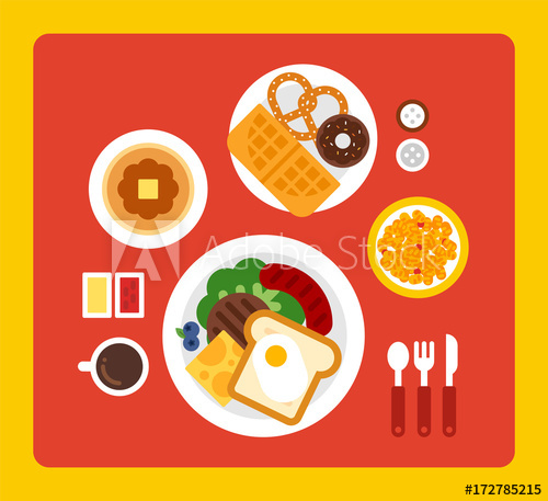 Breakfast vector flat design. Brunch clipart table food