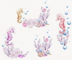 Bubbles clipart under sea. Ocean watercolor seahorse pink