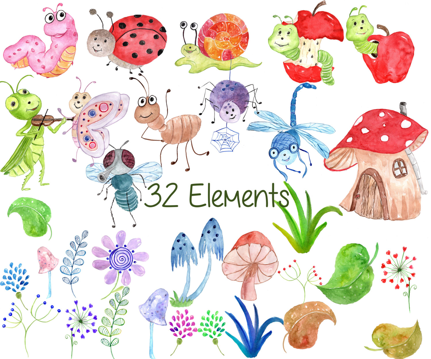 Cute bugs happy insects. Bug clipart watercolor