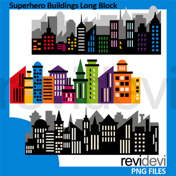 Long block city skyline. Buildings clipart superhero