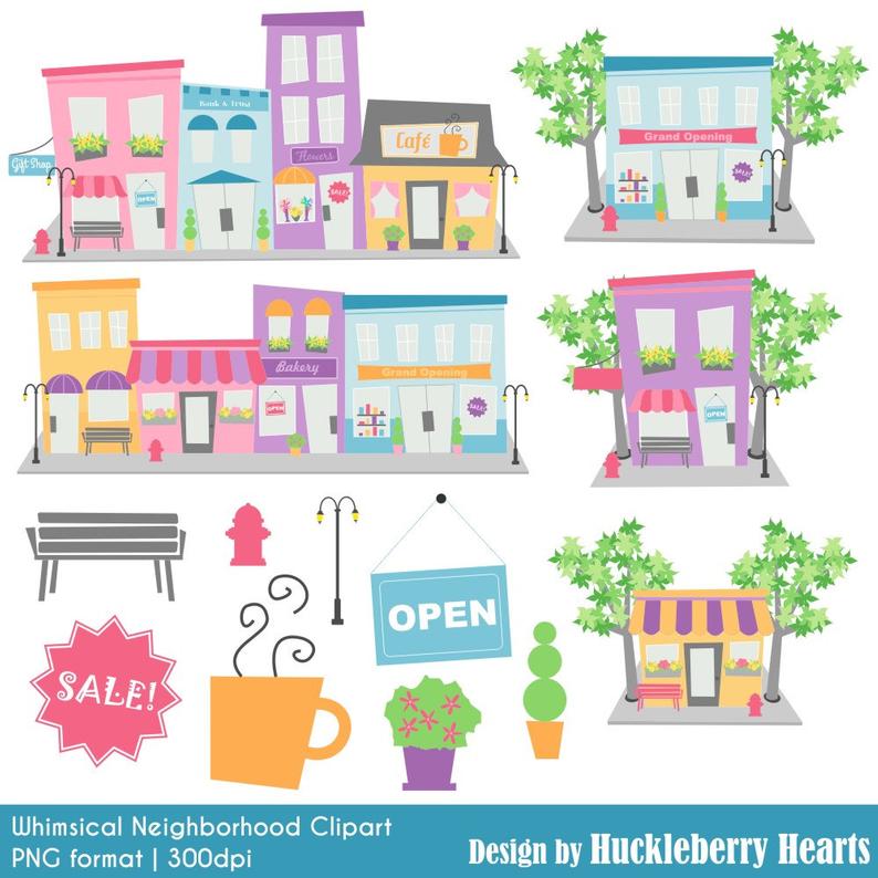Digital neighborhood houses . Buildings clipart cute