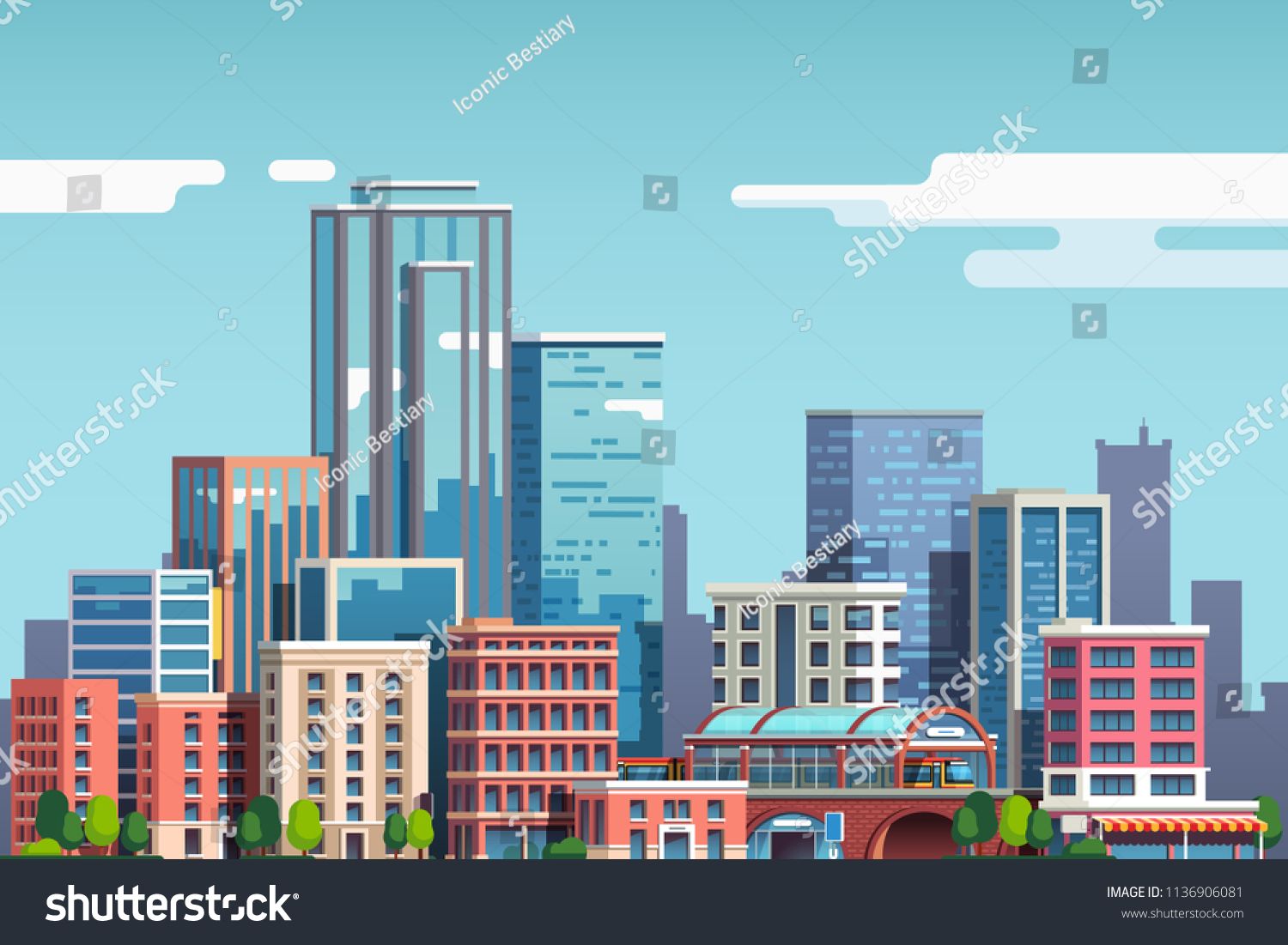 City downtown with skyscrapers. Cityscape clipart business building