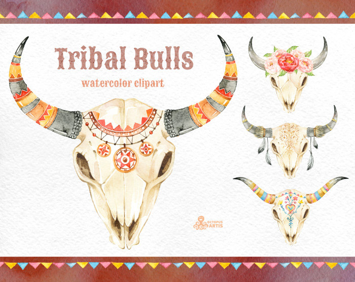 Bull clipart tribal. Bulls watercolor hand painted