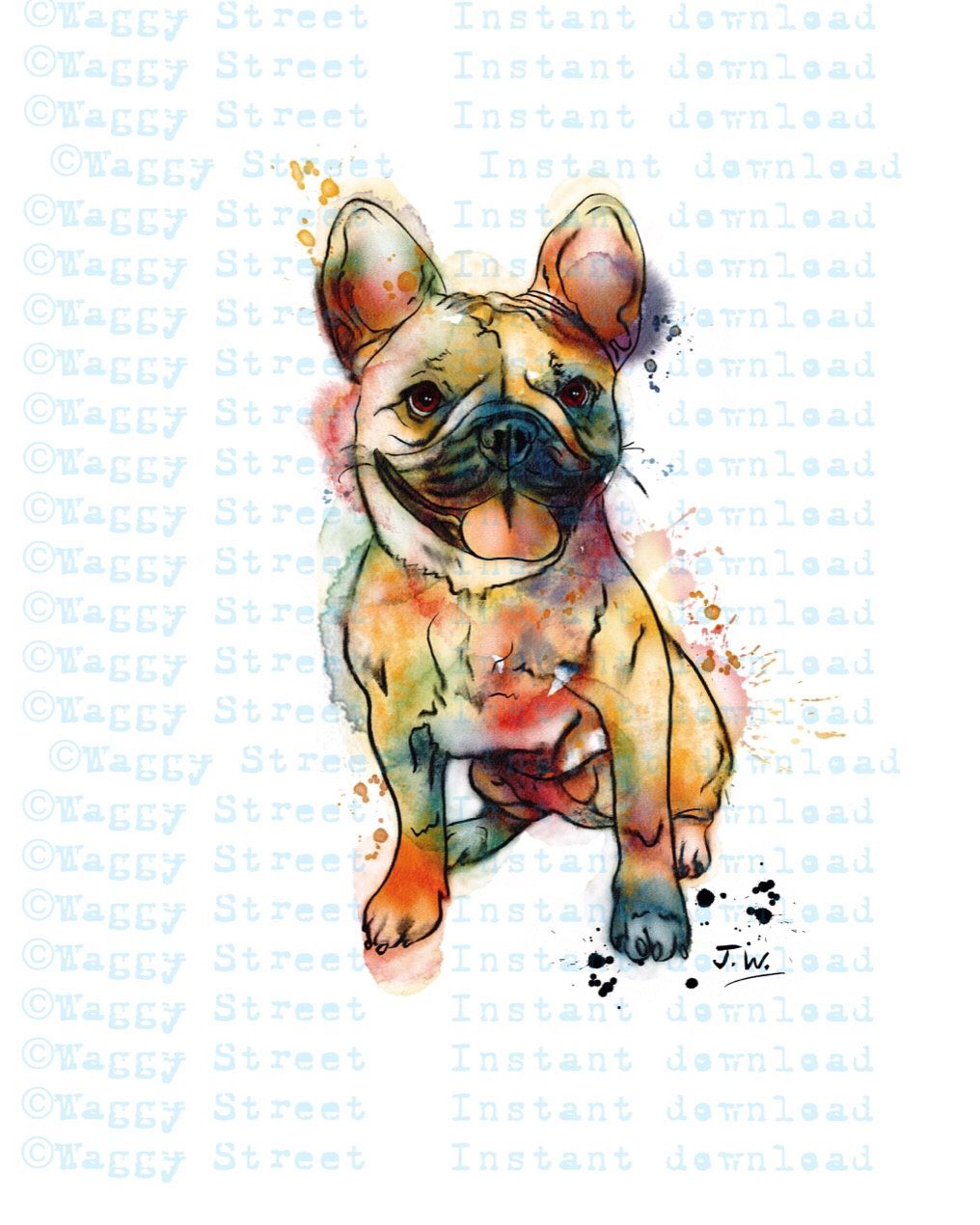 French art dog digital. Bulldog clipart printable