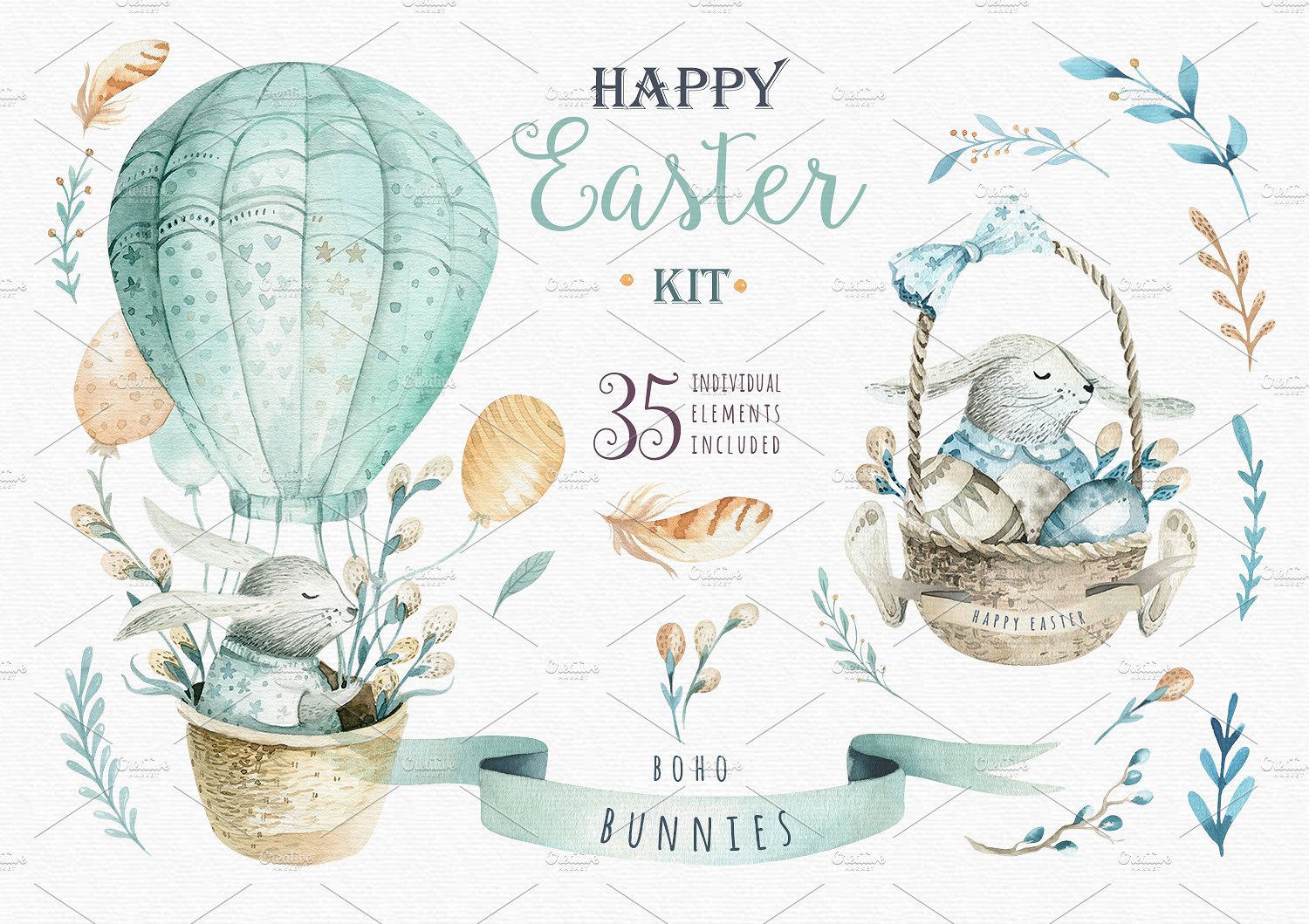 Happy easter with i. Bunnies clipart boho