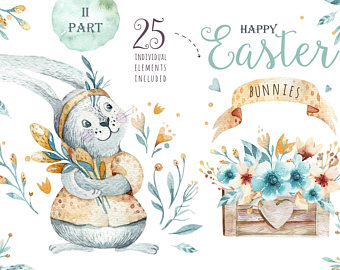Bunnies clipart boho. Bunny etsy watercolor happy