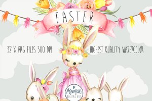 Bunnies clipart boho. Bunny watercolor illustrations creative