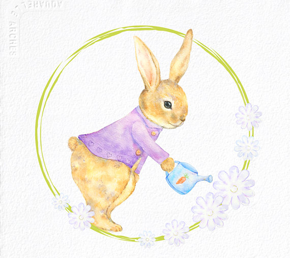 Watercolor cute rabbit mom. Clipart bunny garden
