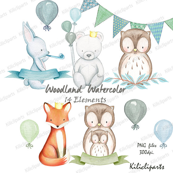 Watercolor bear owl fox. Bunny clipart woodland