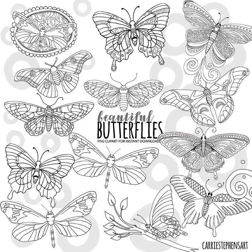 Clipart butterfly doodle. Line art black and