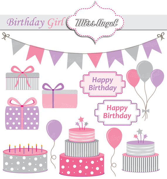 Baby girls birthday party. Cake clipart gift