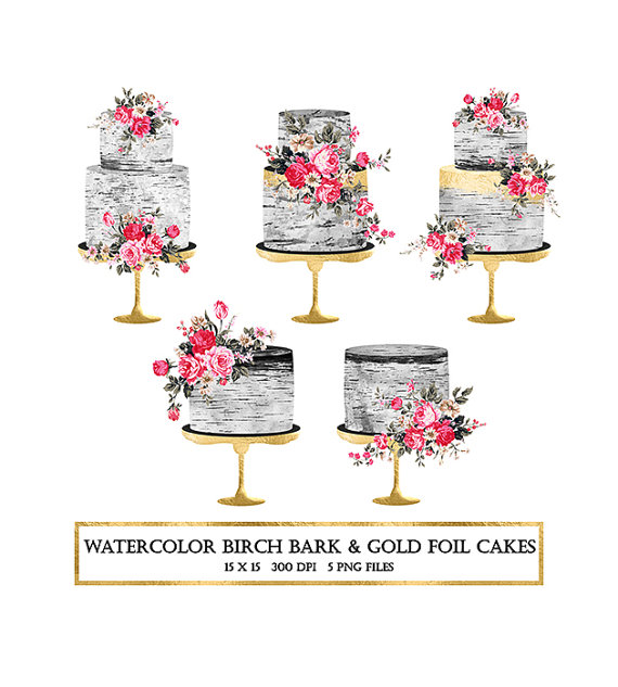 Birch gold foil wedding. Cake clipart watercolor