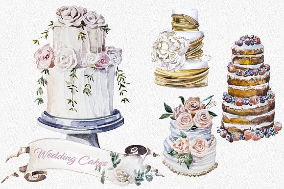 Cake clipart watercolor. Wedding cakes set illustrations
