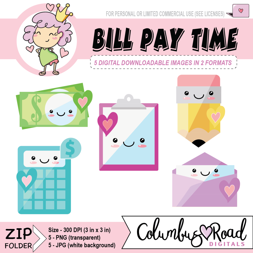 Bill pay icons digital. Kawaii clipart calculator