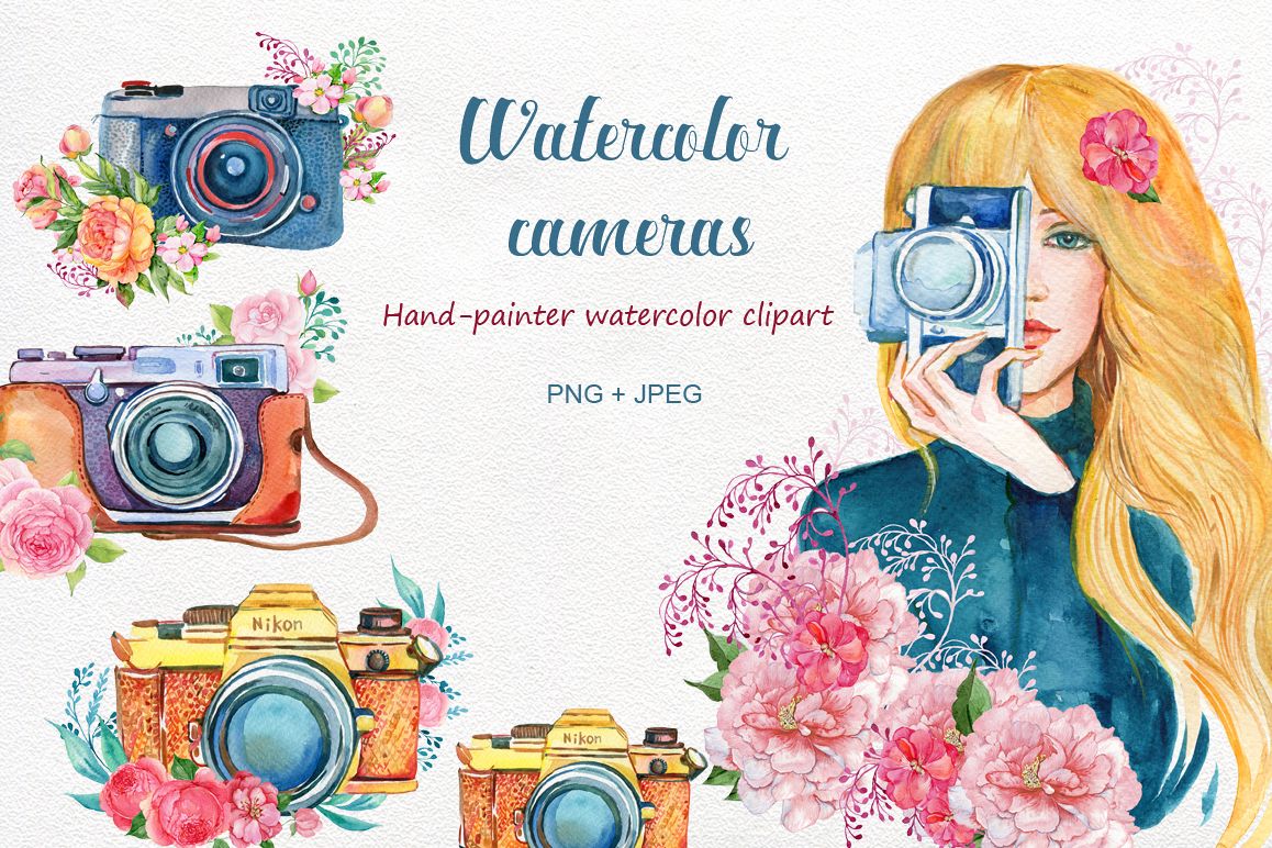 Vintage watercolor by sh. Camera clipart flower