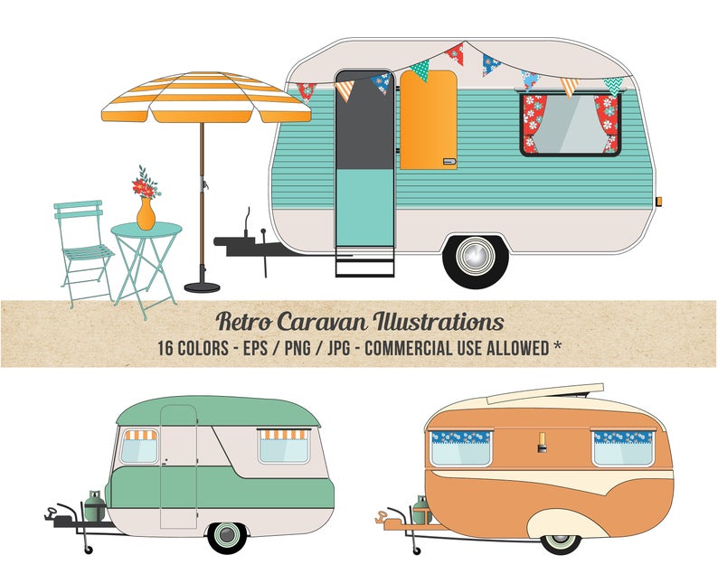 Camper clipart caravan. Commercial use detailed retro
