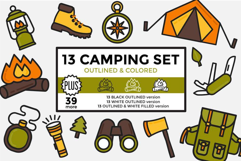 Hike clipart camping. Hiking outdoors elements set