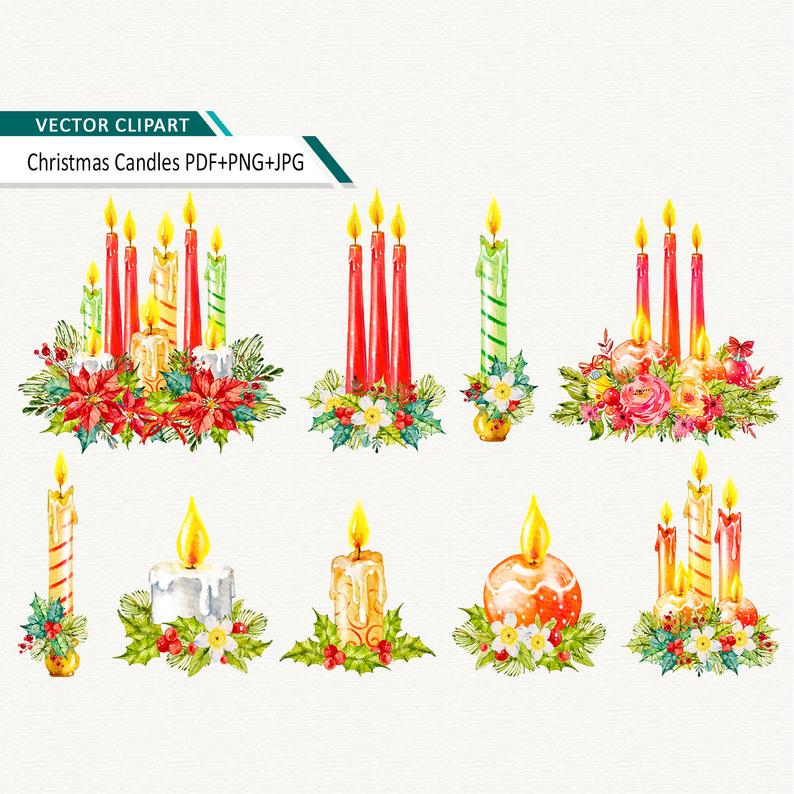 Candles clipart pdf. Christmas watercolor clip art