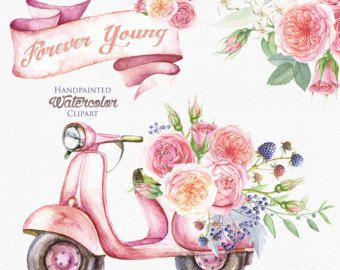 Car clipart flower. Watercolor vintage floral with