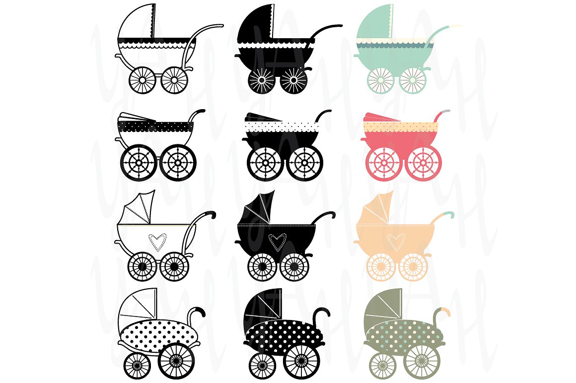 Carriage clipart vintage. Baby illustrations creative market