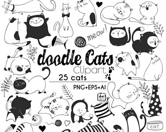 Cat clipart doodle. Etsy cats hand drawn