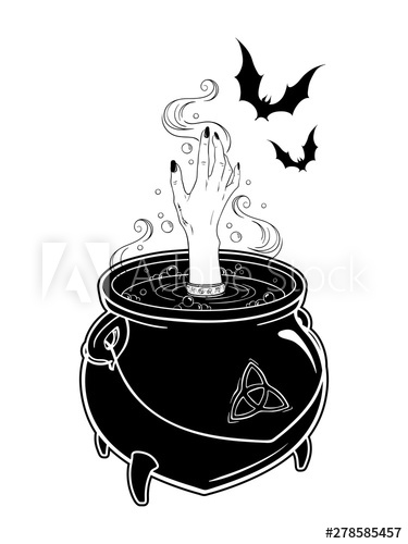 Boiling magic with witch. Cauldron clipart alchemy