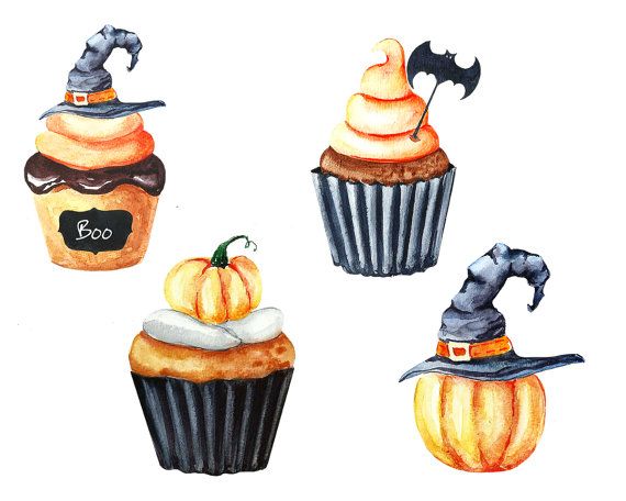 Watercolor cupcake pumpkin . Cauldron clipart halloween food