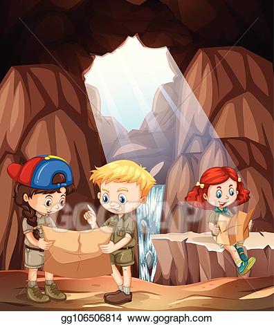 Cave clipart kid. Vector illustration children exploring