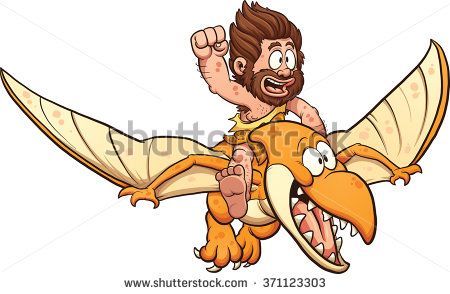 Cartoon riding a pterodactyl. Caveman clipart strong