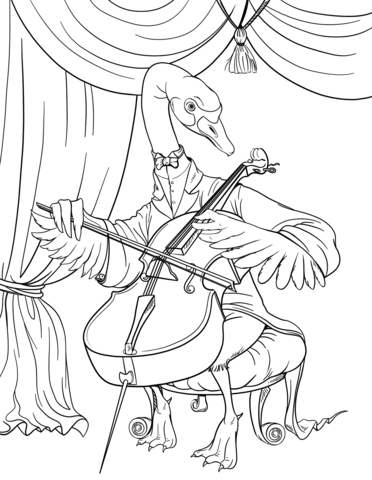 The swan playing free. Cello clipart coloring page