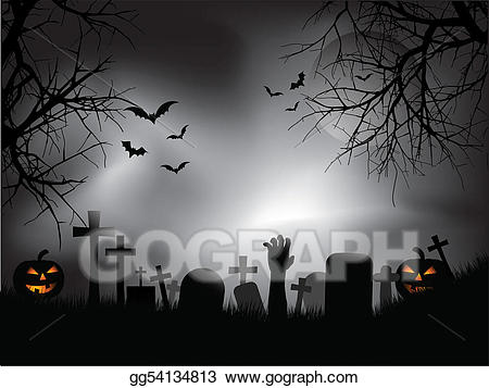 Vector illustration spooky graveyard. Cemetery clipart drawn
