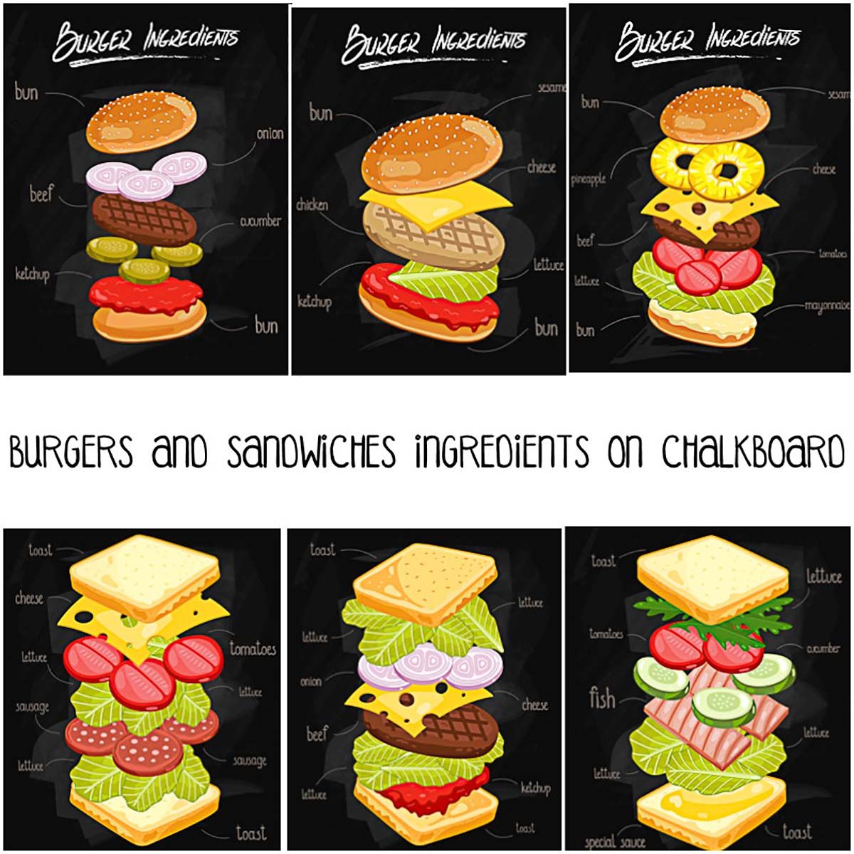 Burgers and sandwiches ingredients. Sandwich clipart sandwich bar