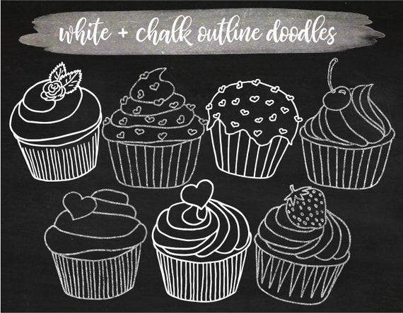 Clipart cupcake chalkboard. Hand drawn white outlines