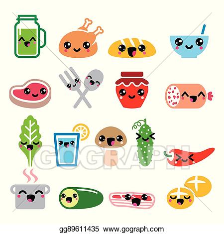 Vector cute food meat. Characters clipart kawaii