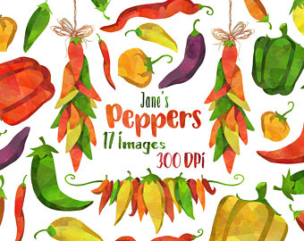 Chili clipart printable. Etsy watercolor peppers fiesta