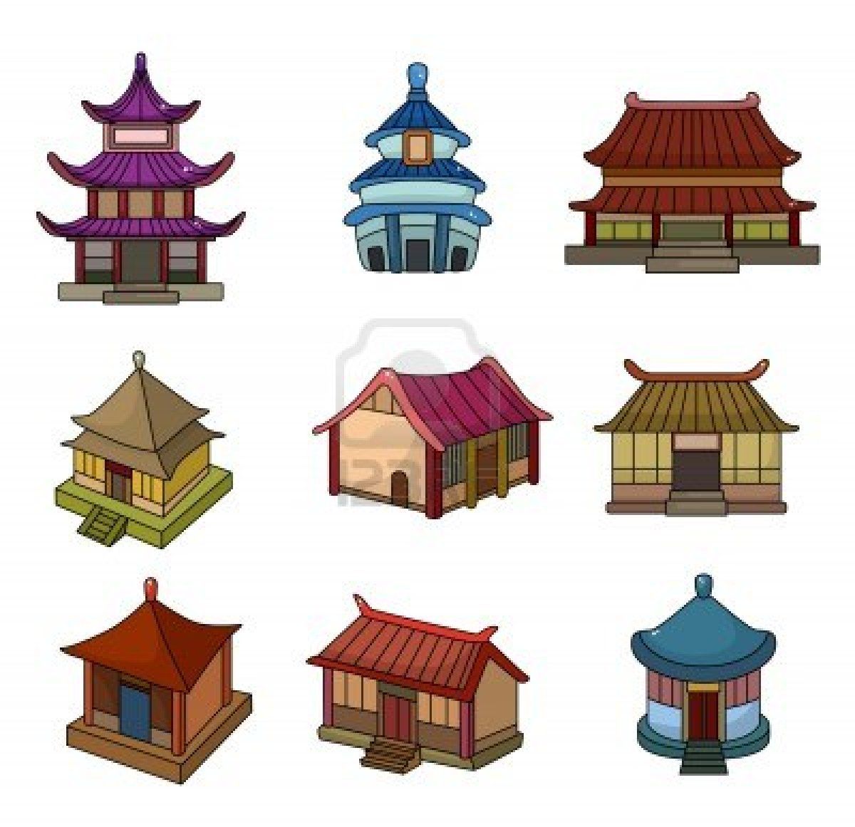 Cartoon house icon set. China clipart building chinese