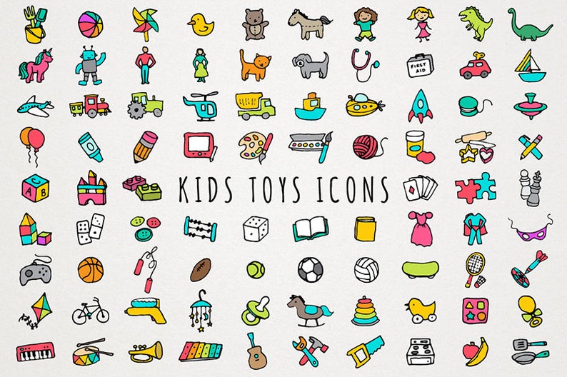 Kids toys icons set. Chores clipart toddler