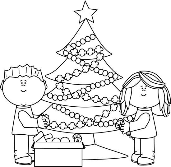 Kids decorating tree clip. Christmas clipart black and white