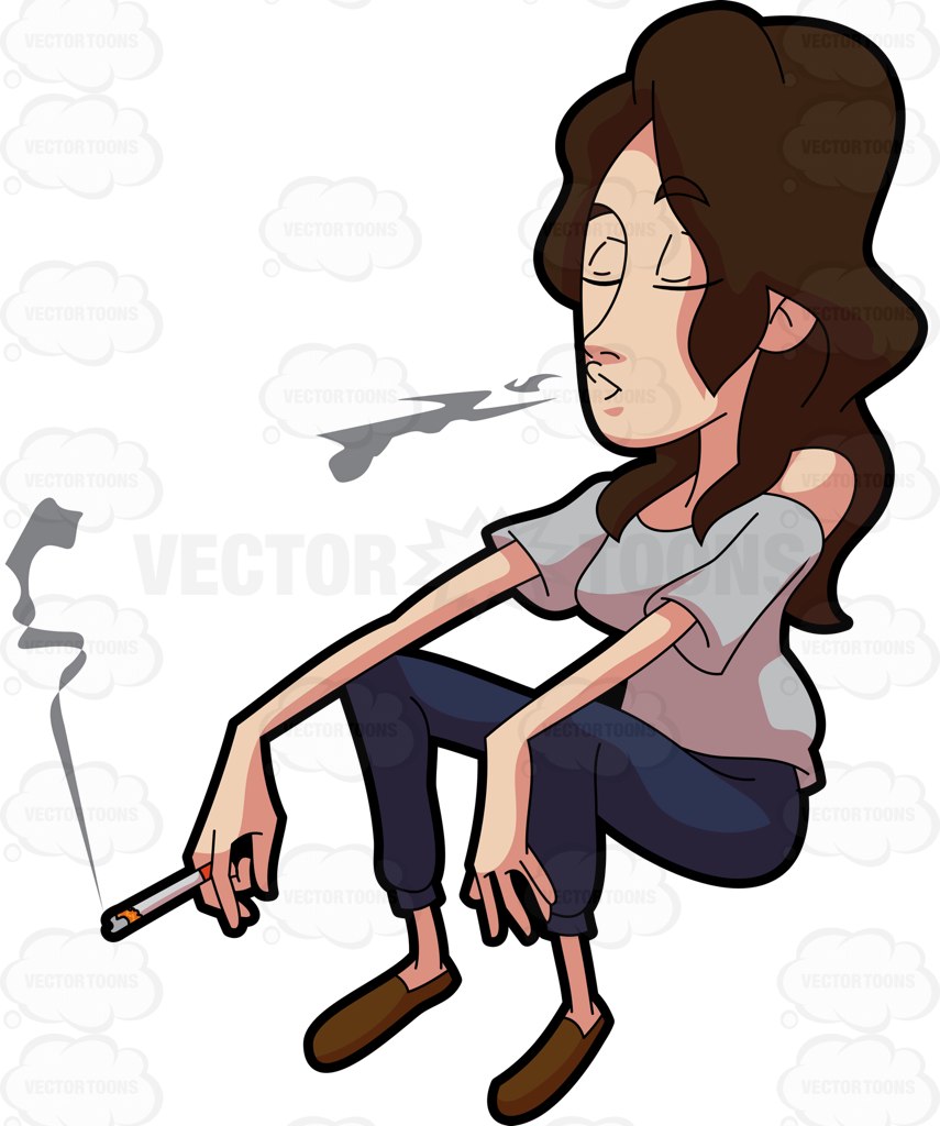 A woman relaxes while. Cigarette clipart smoking person
