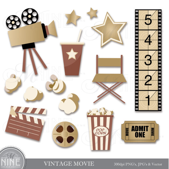 Vintage movie clip art. Hollywood clipart cinema