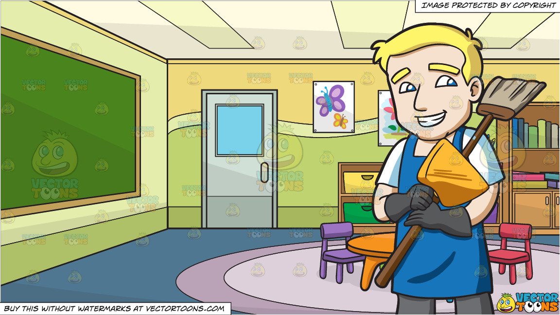 A holding broom and. Janitor clipart classroom