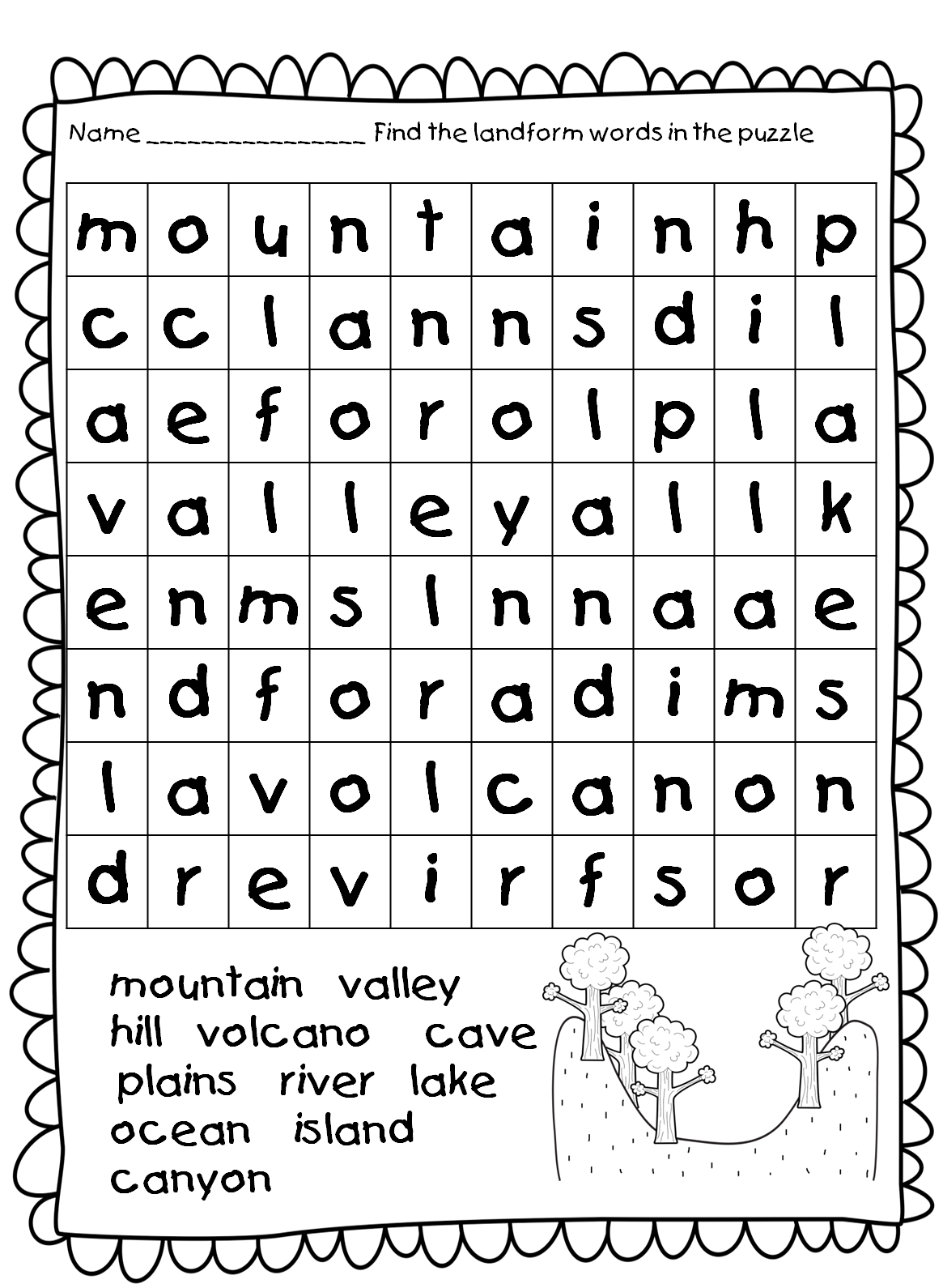 Hill clipart story mountain. Landforms word search png