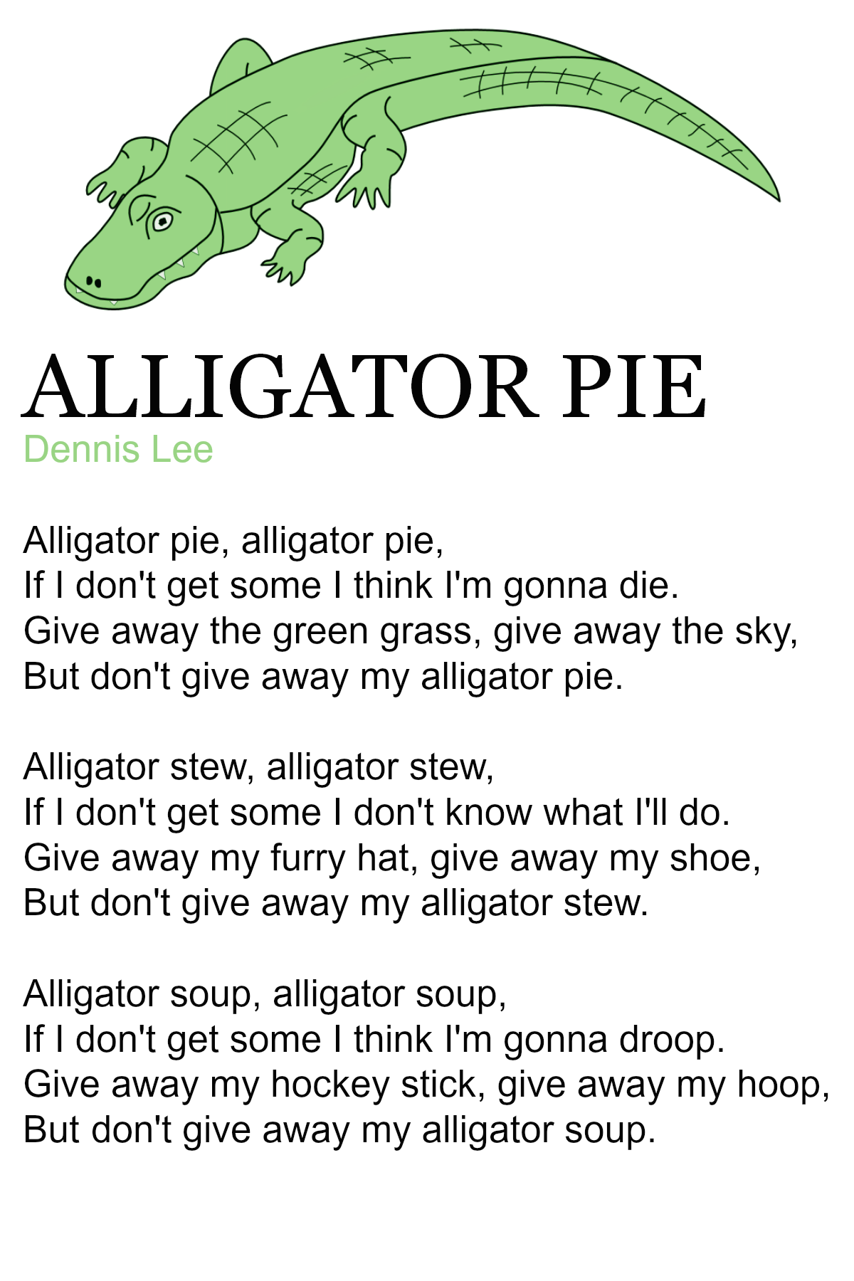 Poem by dennis lee. Clipart alligator alligator pie