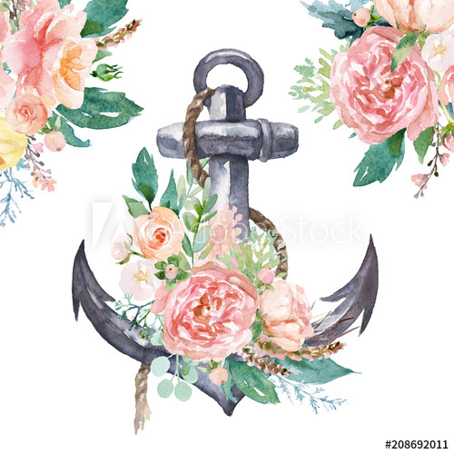 Watercolor hand drawn nautical. Clipart anchor floral